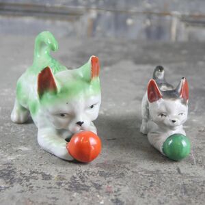Set of Two Cat and Ball Figurines playing with balls, made in Japan, vintage